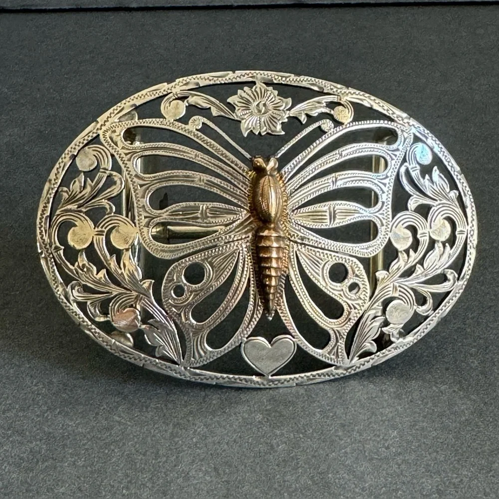 Fleming Butterfly Belt Buckle‎ Sterling Silver Filigree Etched Coastal Cowgirl